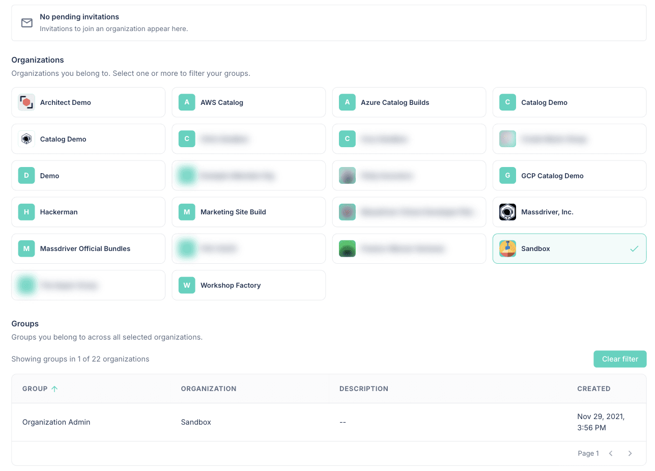 Account Organizations tab with organization cards, one selected, and the groups table filtered to that organization