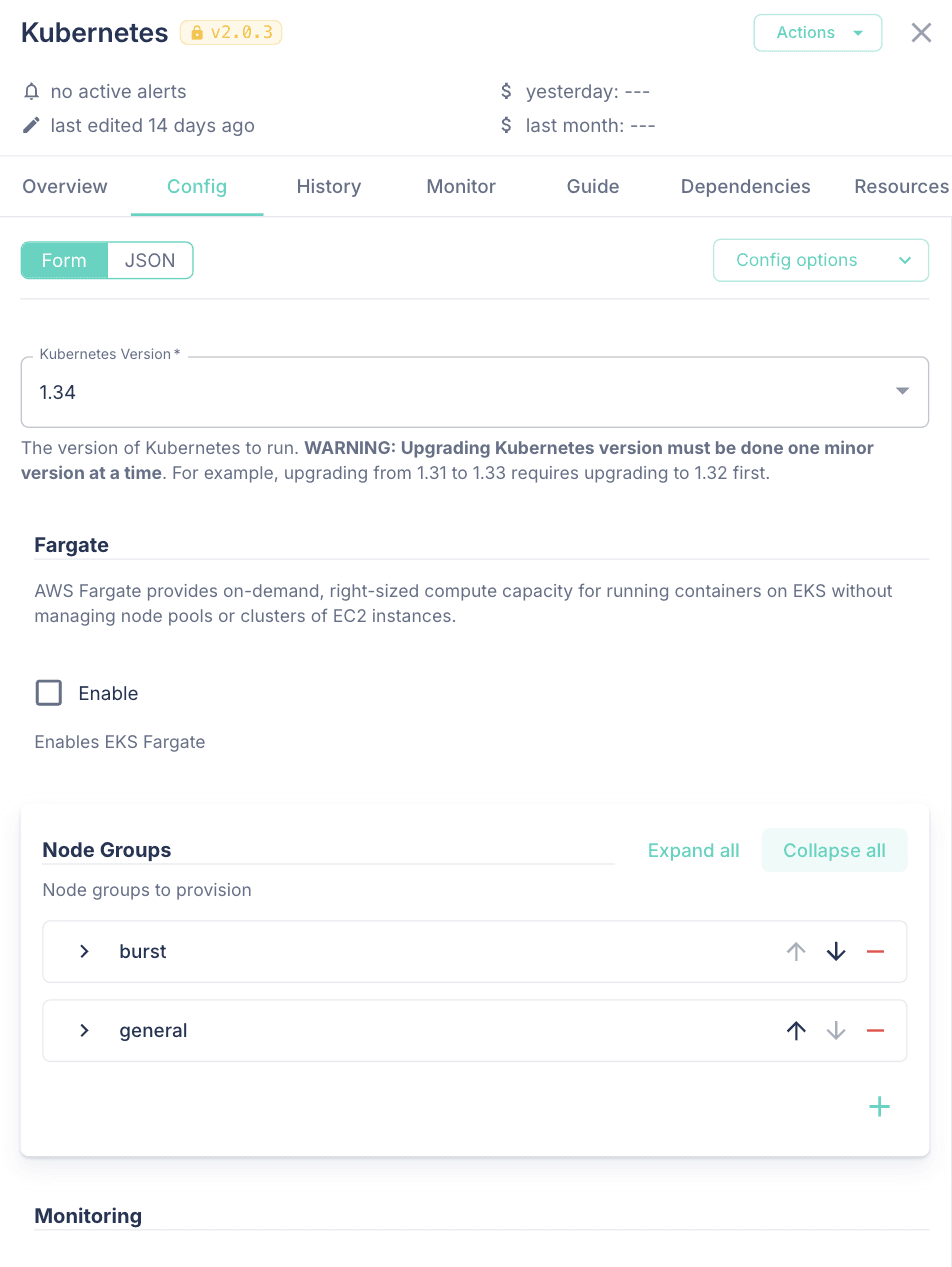Kubernetes Config tab with two collapsed node groups named burst and general, and Expand all and Collapse all controls