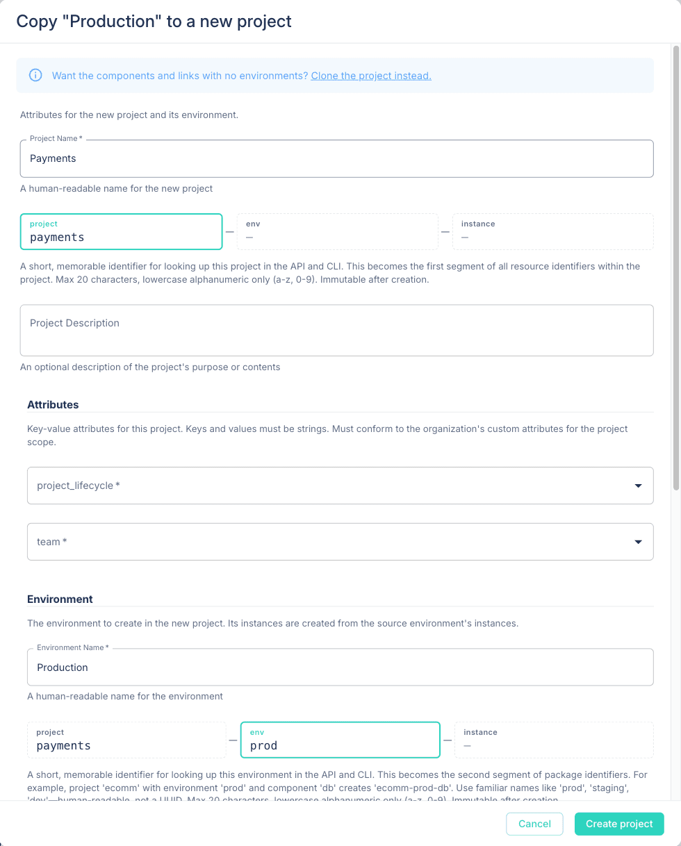 Copy Production to a new project dialog with project name, identifier, attributes, and environment fields