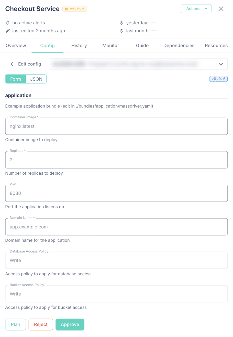 Instance Config tab in review mode with a proposal picker, a read-only config form, and Plan, Reject, and Approve buttons