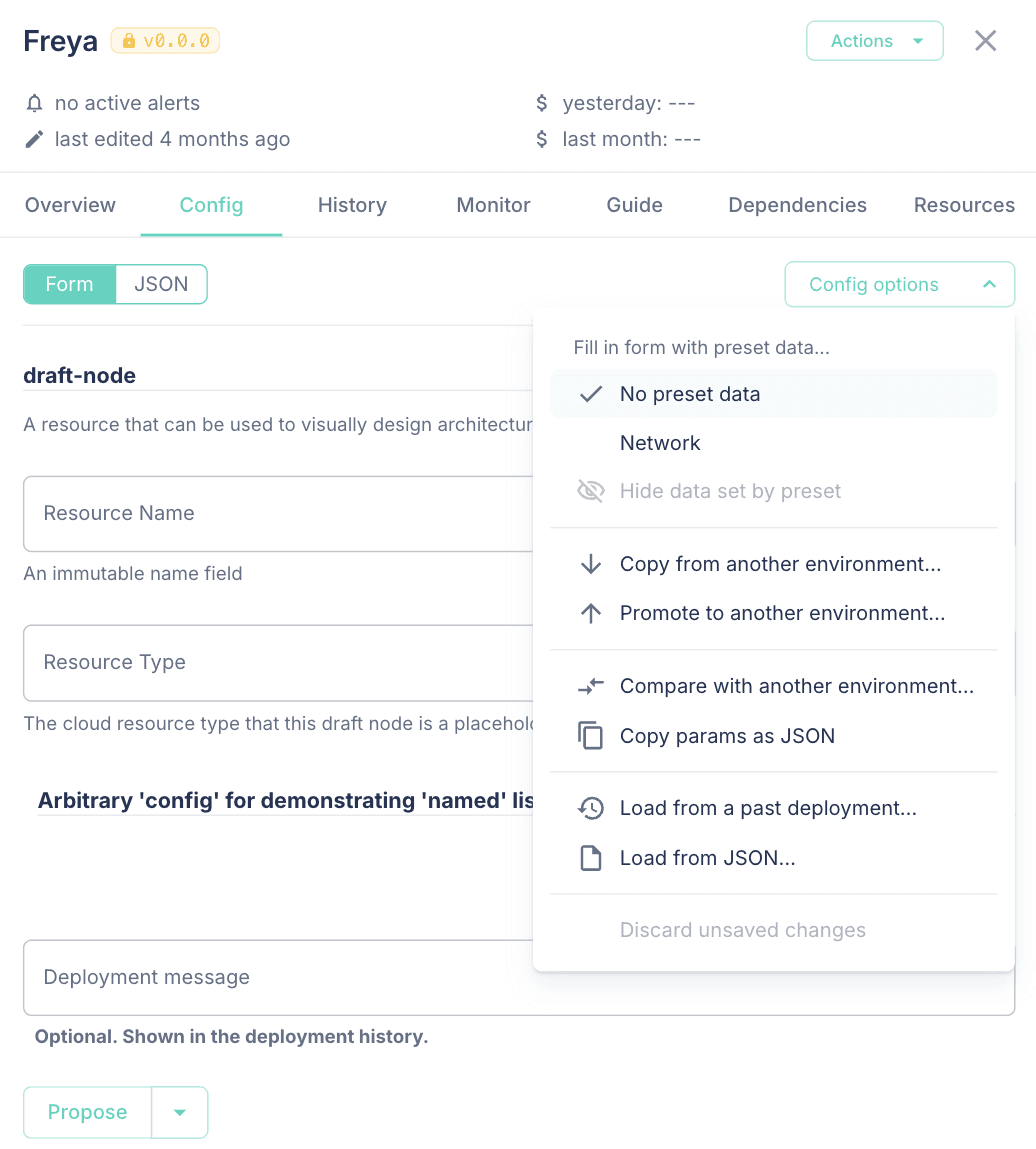 Config options menu on an instance's Config tab with copy, promote, compare, and load actions