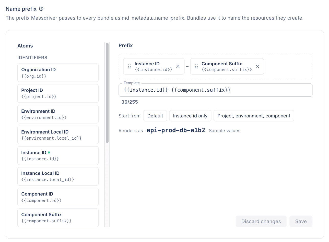 Name prefix tab with the atom list beside the template builder and a rendered example name