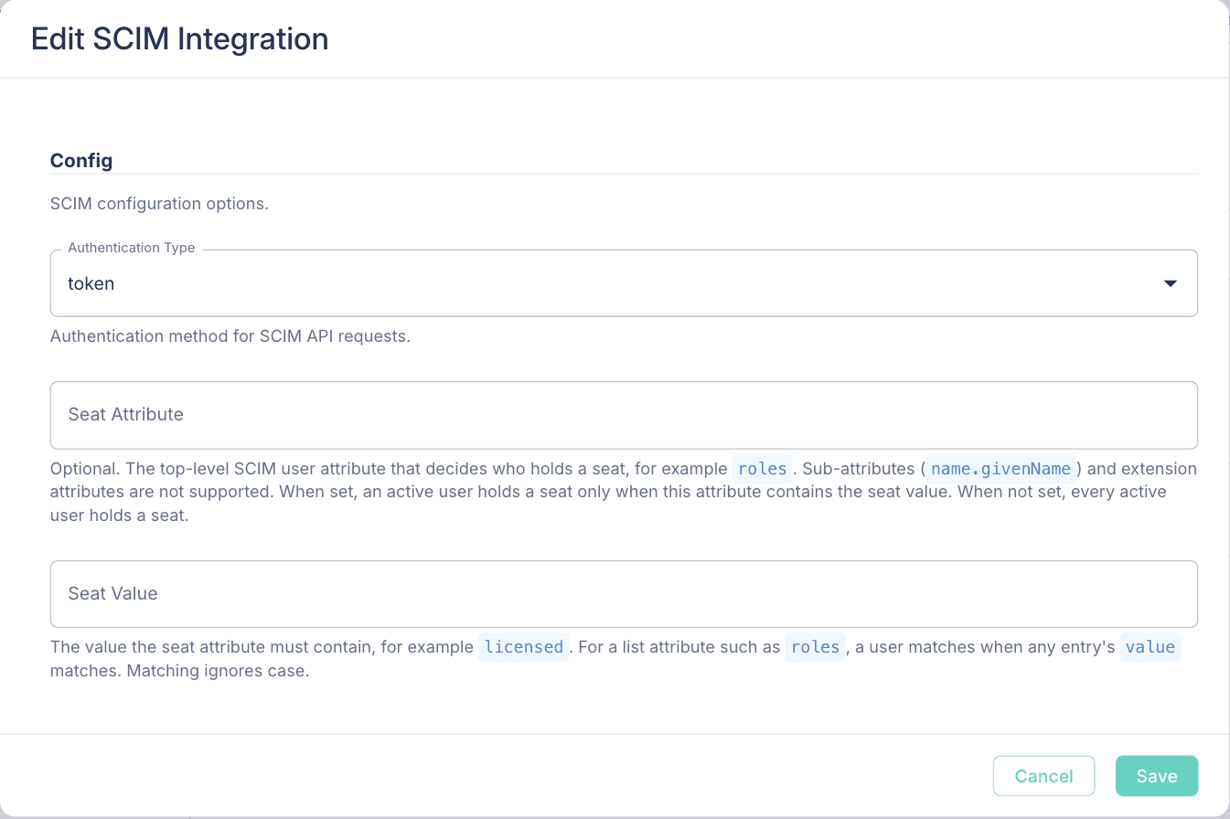 Edit SCIM Integration dialog with the Seat Attribute and Seat Value fields