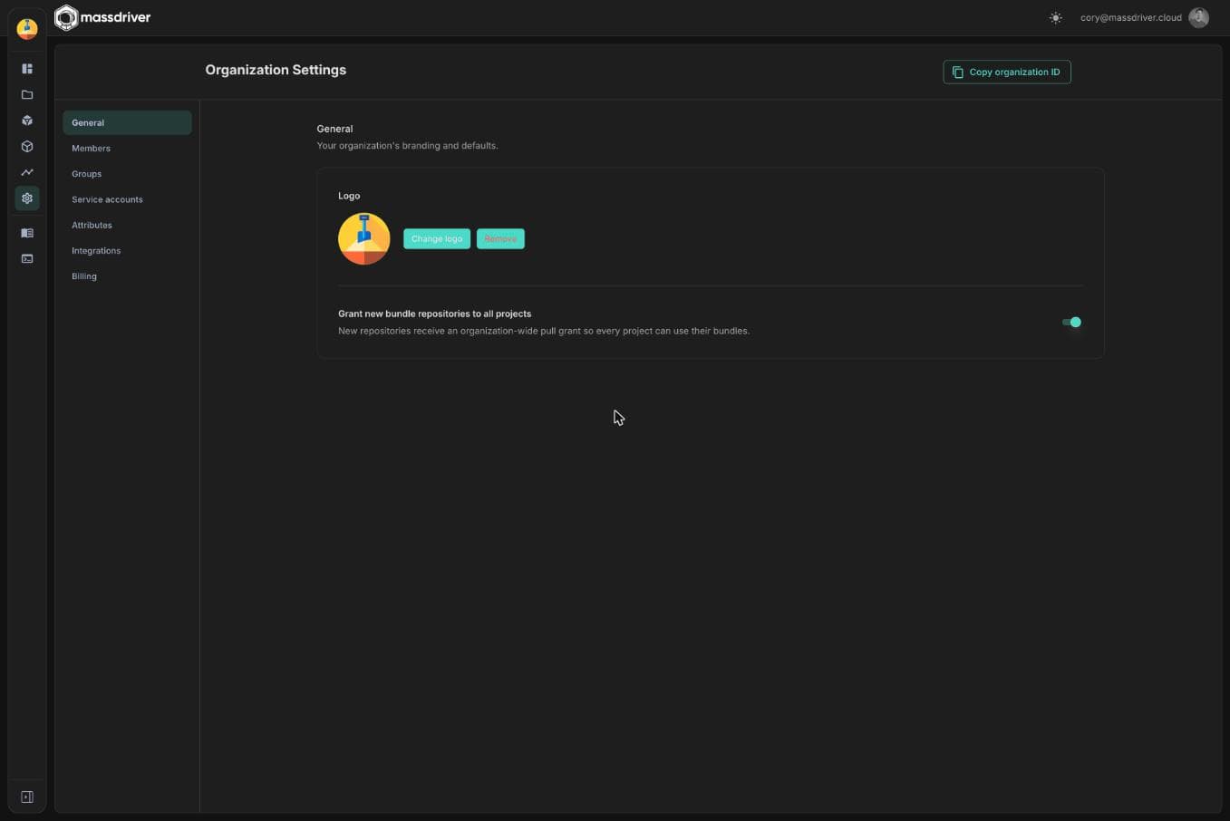 Organization settings with the grant new bundle repositories to all projects toggle