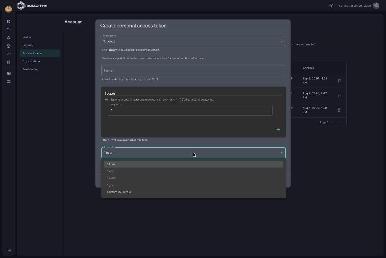 Personal access token dialog with the expiry preset dropdown open