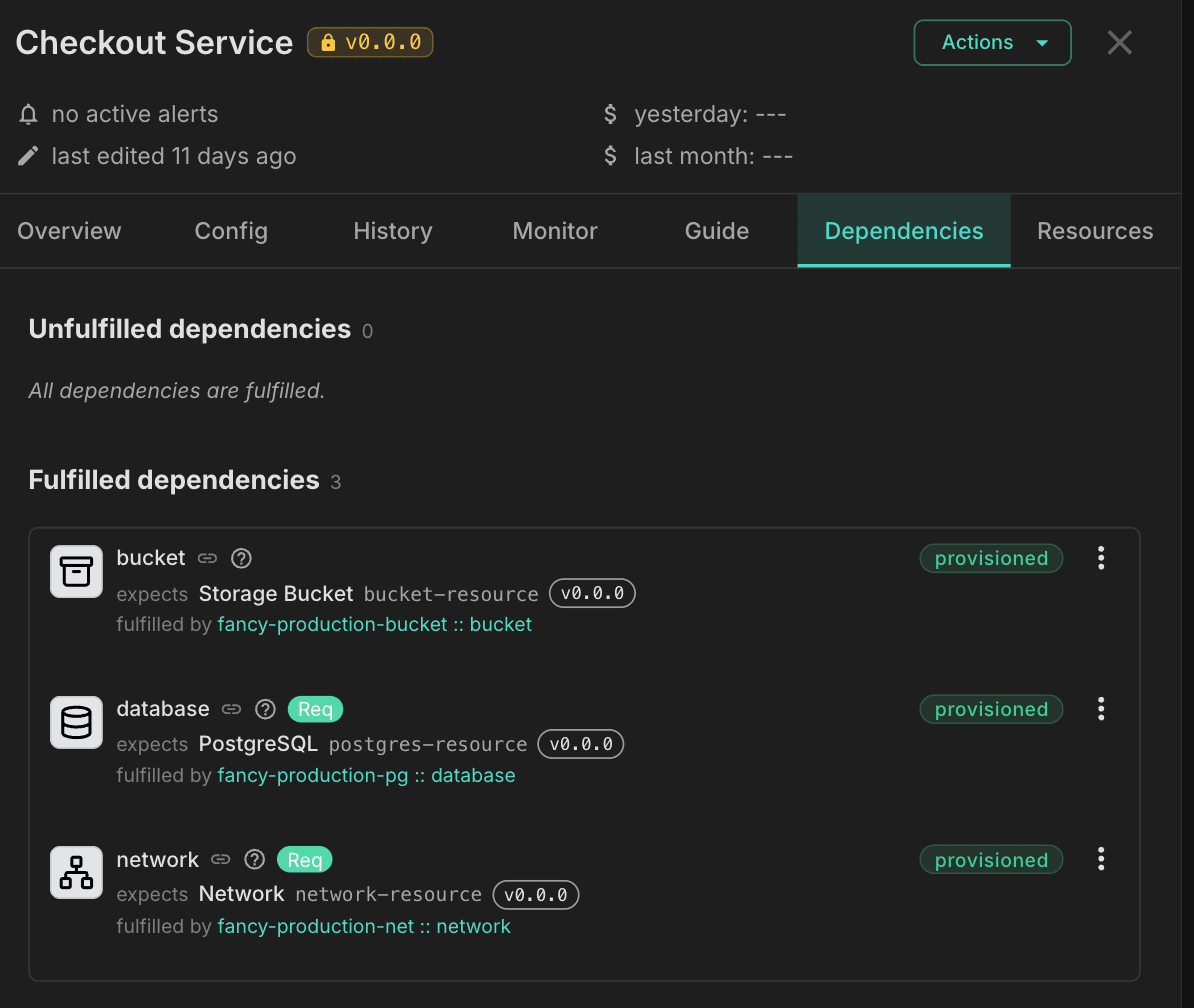 Instance dependencies showing the resource type and version each slot expects and what fulfills it